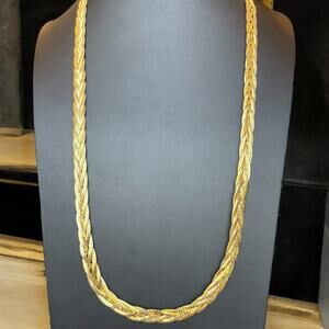 Vintage Gold Tone 7mm Braided Herringbone Chain Spring Ring Clasp 30” L Necklace